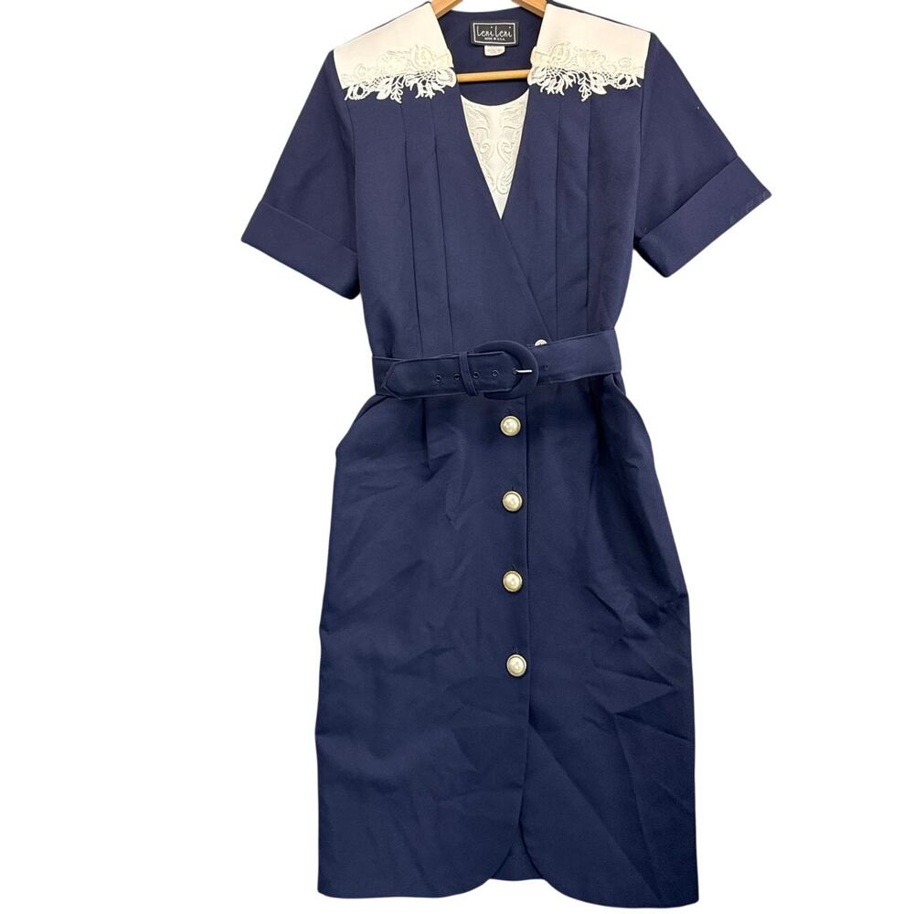 Leni Leni Vintage Navy Blue White Lace Collar Short-Sleeve Belted Dress Women 8